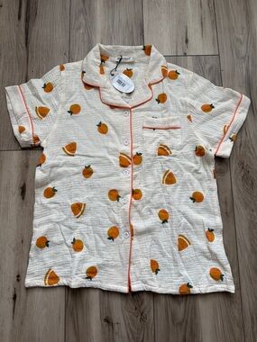 NWT Women's Cream Orange Print Short Sleeve Pajama Top and Bottom Set